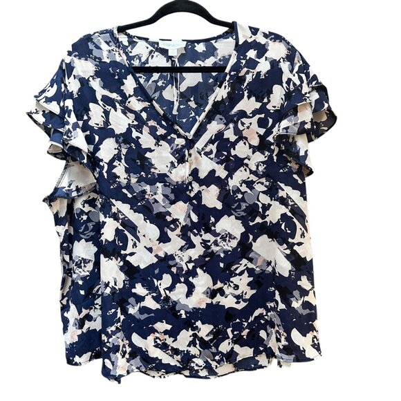 Cynthia Rowley Blouse Floral Print Ruffle Sleeve Blue White 1/4 Button Front 2X - Picture 1 of 7